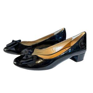 J. Renee 7.5 Patent Leather Dress Shoes Black Bow Block Heel Elegant Career Work